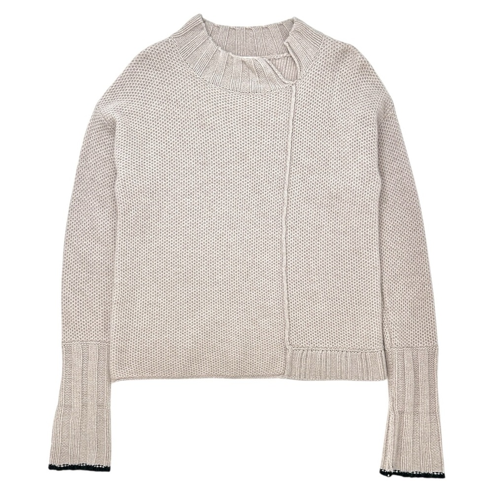 Lisa Todd Uptown Gray Beige Split-Neck Waffle Texture Knit Cashmere Sweater sz M